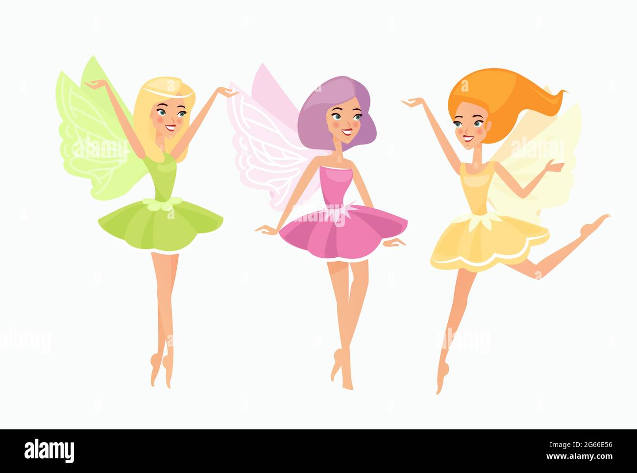 Magic fairies flat vector illustrations set. Cute fairytale creatures isolated on white background. Mythical flying elves. Cartoon girls with wings Stock Vector
