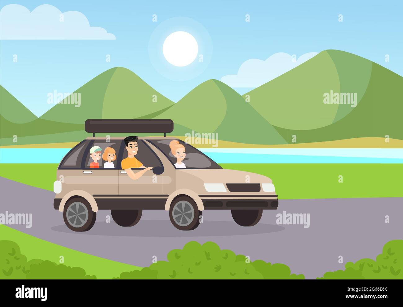Family road trip flat vector illustration. Mother riding car with husband and children. People characters travelling together in automobile. Beautiful Stock Vector