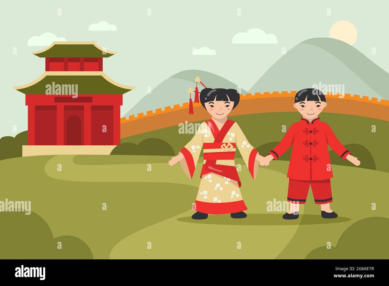 Happy Asian Boy And Girl In Traditional Clothes Walking Together Cartoon Chinese Characters In National Costumes Holding Hands The Great Wall Of Chi Stock Vector Image Art Alamy