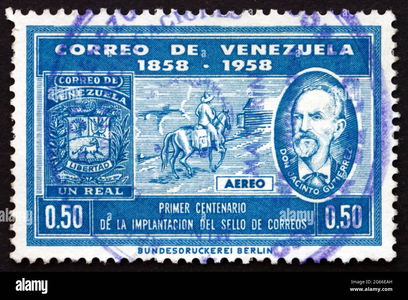 VENEZUELA - CIRCA 1959: a stamp printed in the Venezuela shows Mailman on Horseback and Don Jacinto Gutierrez, Centenary of Venezuelan Postage Stamps, Stock Photo
