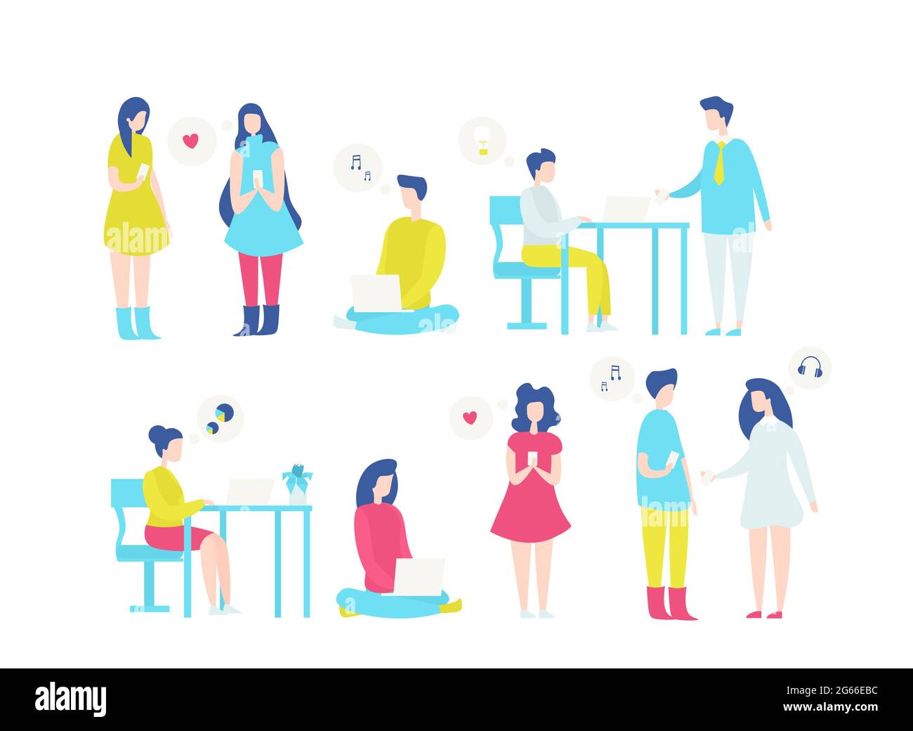 People with laptops flat vector illustrations set. Cartoon girls with smartphones chatting, sending romantic message. Office worker using computer Stock Vector