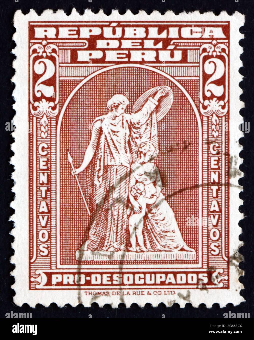 PERU - CIRCA 1938: a stamp printed in the Peru shows Protection, Statue by John Q. A. Ward, circa 1938 Stock Photo