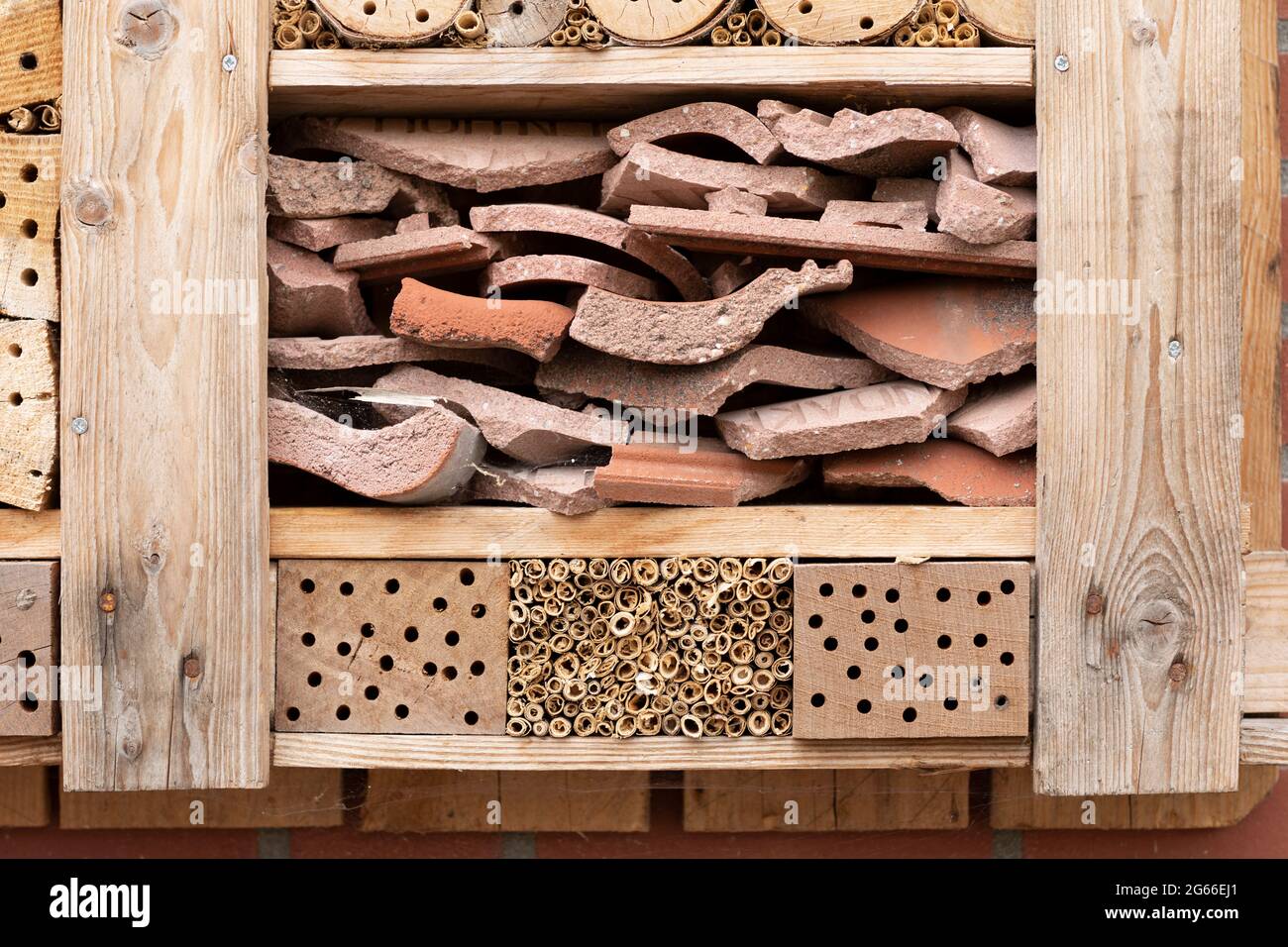 Detail of an insect hotel made of natural materials like wood, bamboo sticks, and ceramic tiles for a better biodiversity and a shelter for insects Stock Photo