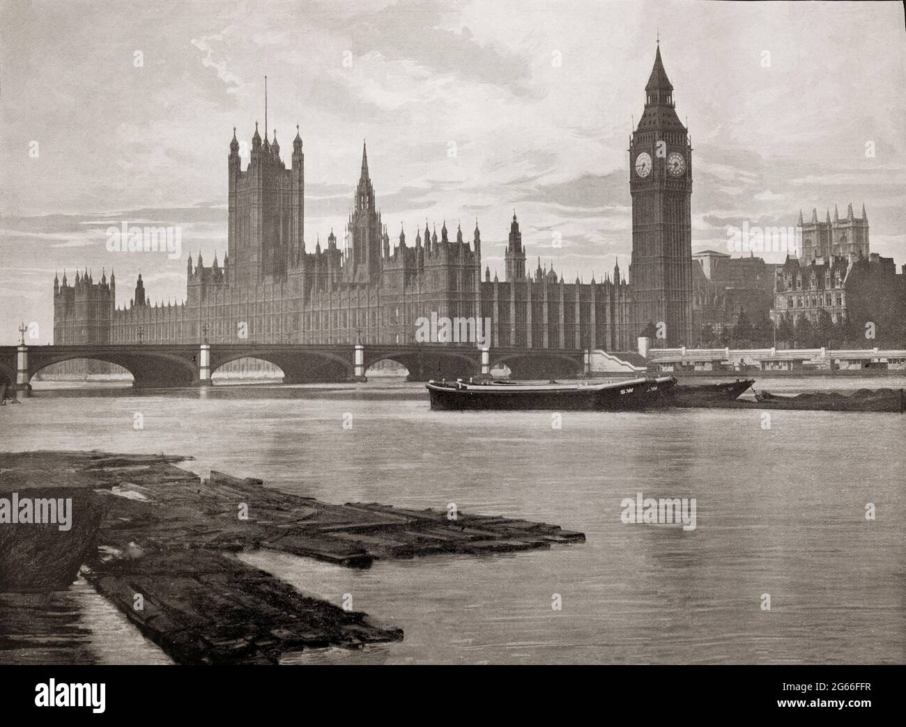 A late 19th century view of The Palace of Westminster seen from across the River Thames with Westminster Bridge in the foreground. The meeting place for both the House of Commons and the House of Lords, the two houses of the Parliament of the UK it lies on the north bank of the River Thames in the City of Westminster, in central London, England. After the original parliament buildings were destroyed by fire in 1834, the reconstructed buildings were designed in the English Perpendicular Gothic style of the 14th–16th centuries by the architect Charles Barry assisted by Augustus Pugin. Stock Photo