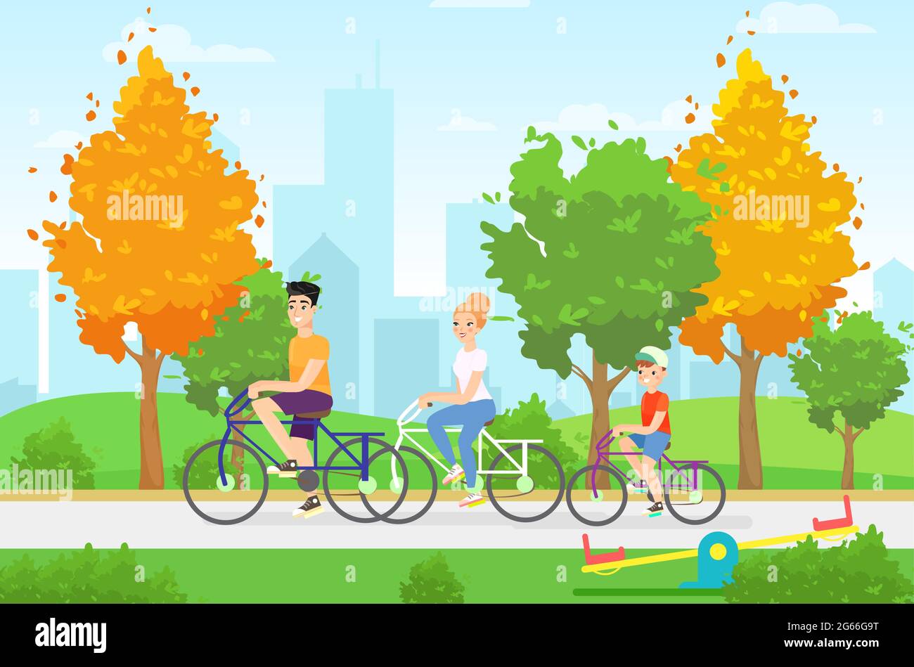 Cycling family members flat illustration. Rest together, healthy lifestyle, autumn walk, holiday activity concept. Cartoon sport family characters Stock Vector