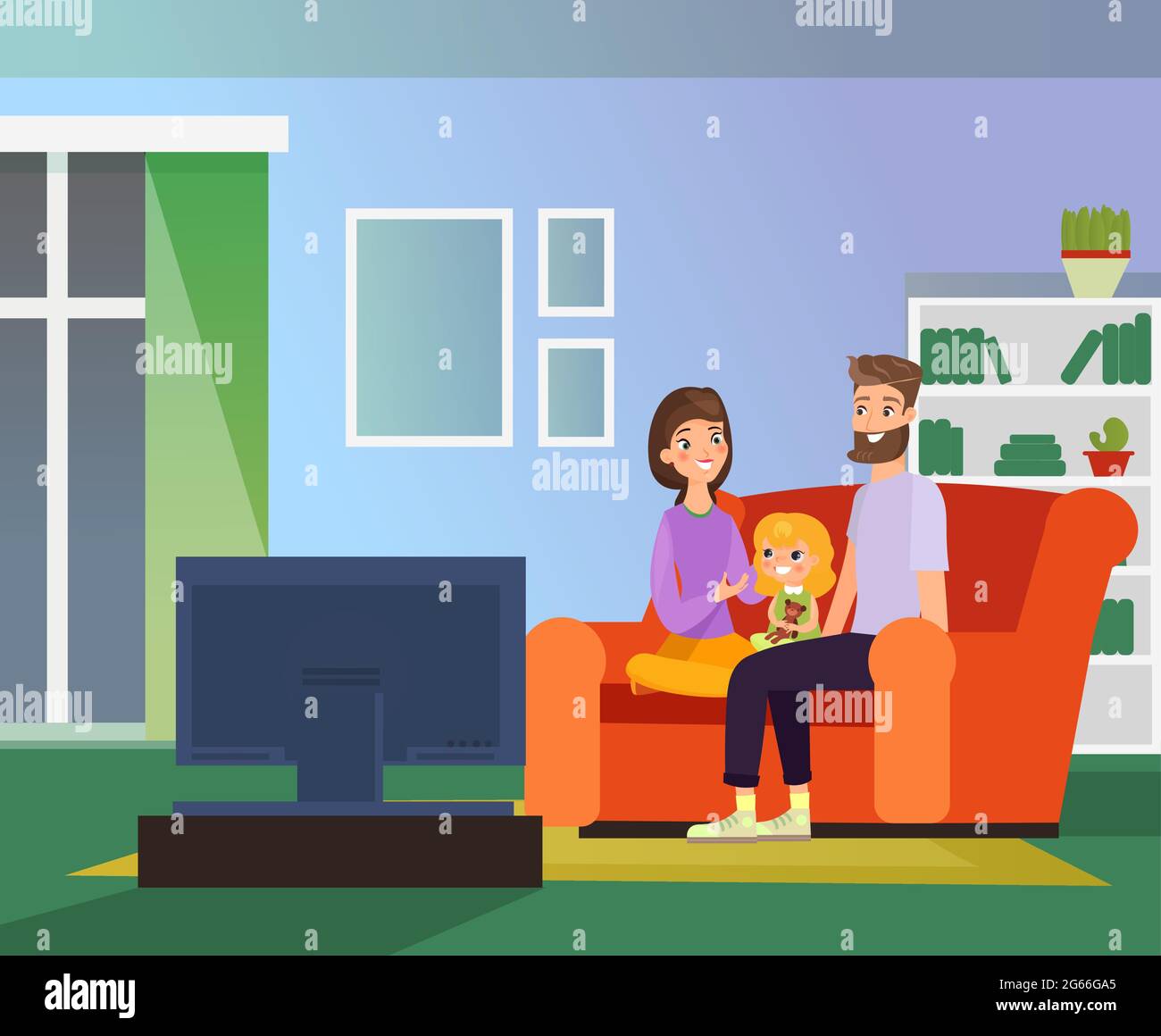Vector illustration of family together watching TV, family evening. Happy parents and daughter sitting on sofa in living room watch television Stock Vector