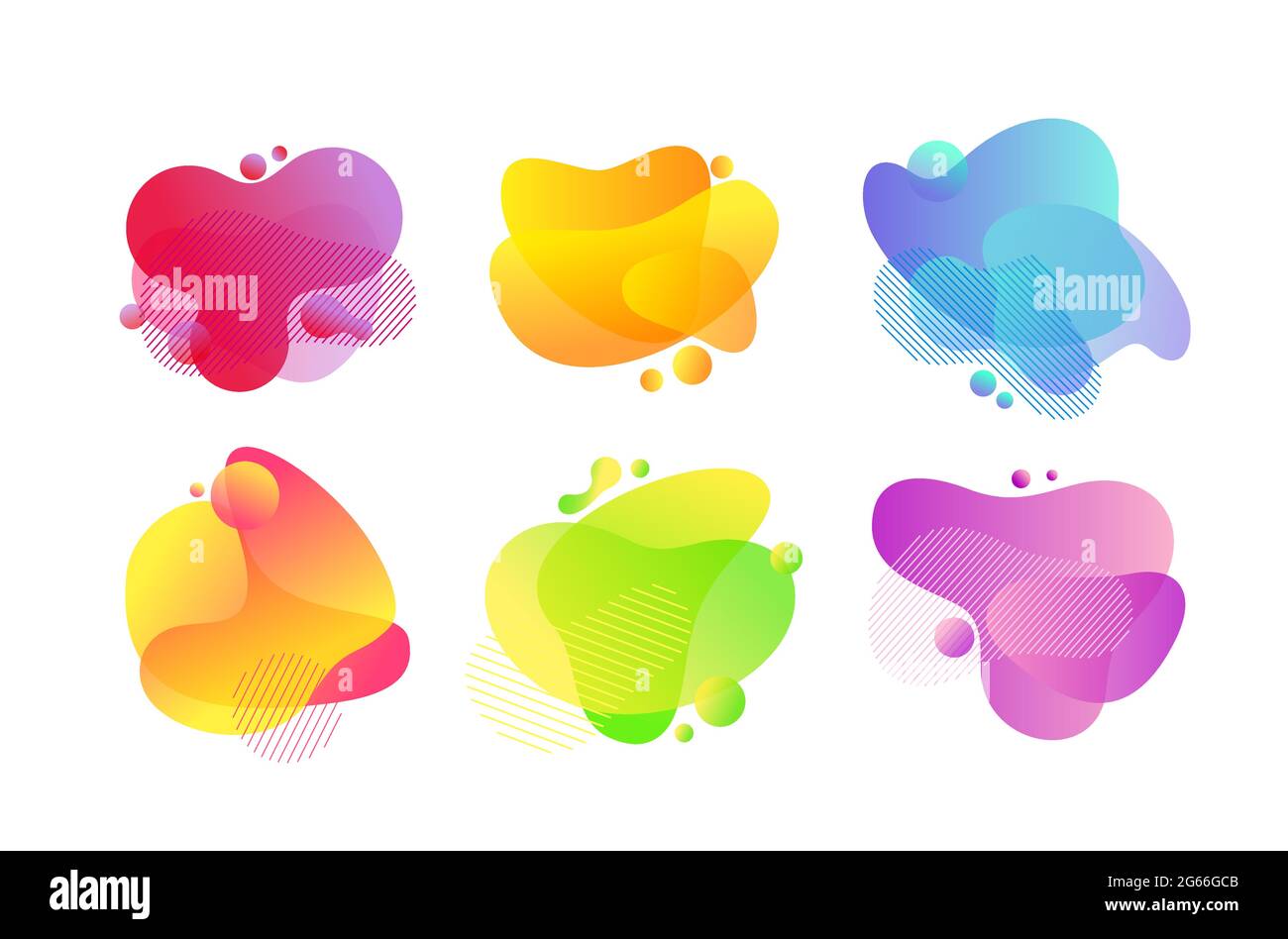 Fluid bubbles abstract illustrations set. Lava lamp, gradient splashes. Stock Vector