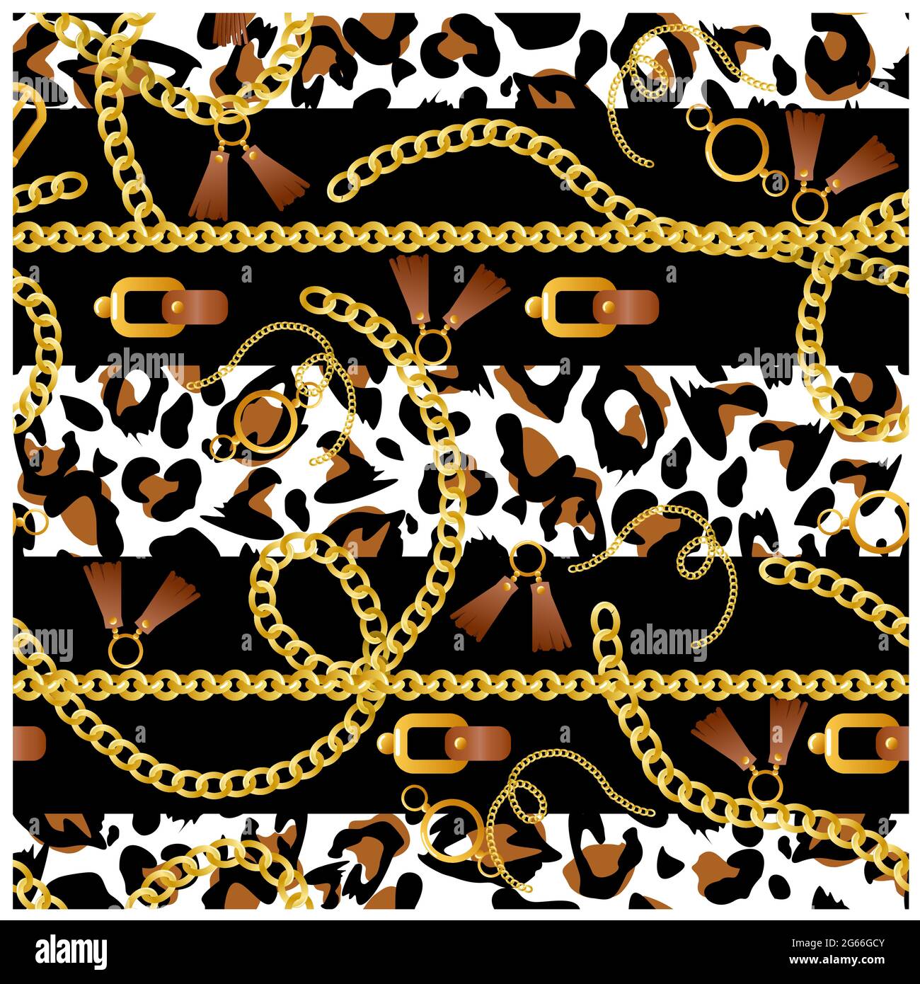 Vector illustration of seamless pattern with belts, chains, anchor, coins on leopard background for fabric design. Stock Vector