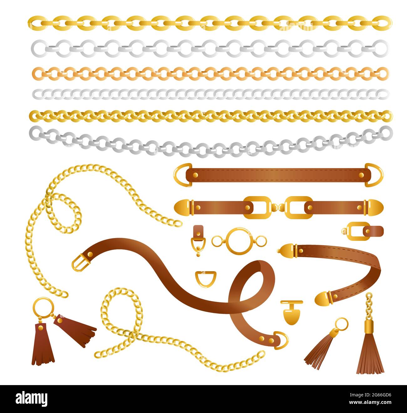 Vector illustration set of chains and Belts. Fashion Collection of elements for fabric design with Golden and silver Chain and Strap. Textile pattern Stock Vector