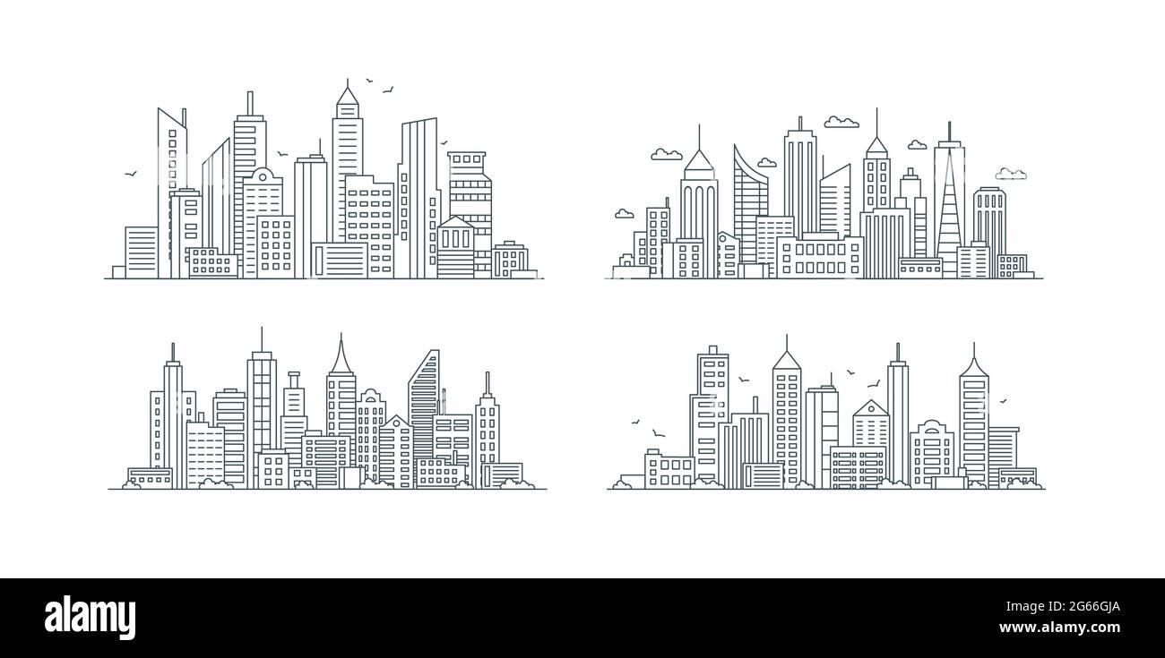 City buildings linear icons set, business center Stock Vector