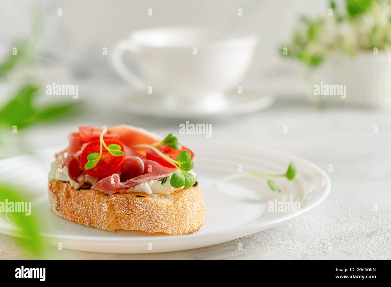 Ciabatta toast with prosciutto or jamon, tomato and soft cheese. Mediterranean breakfast. Copy space Stock Photo