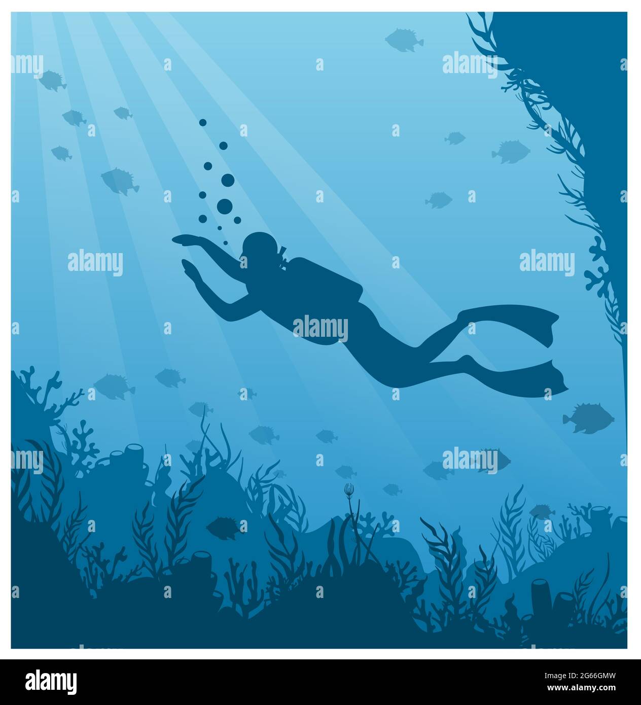 Scuba diving, snorkeling flat vector illustration. Diver in swimsuit with flippers silhouette. Underwater activity, marine adventure. Active summer Stock Vector