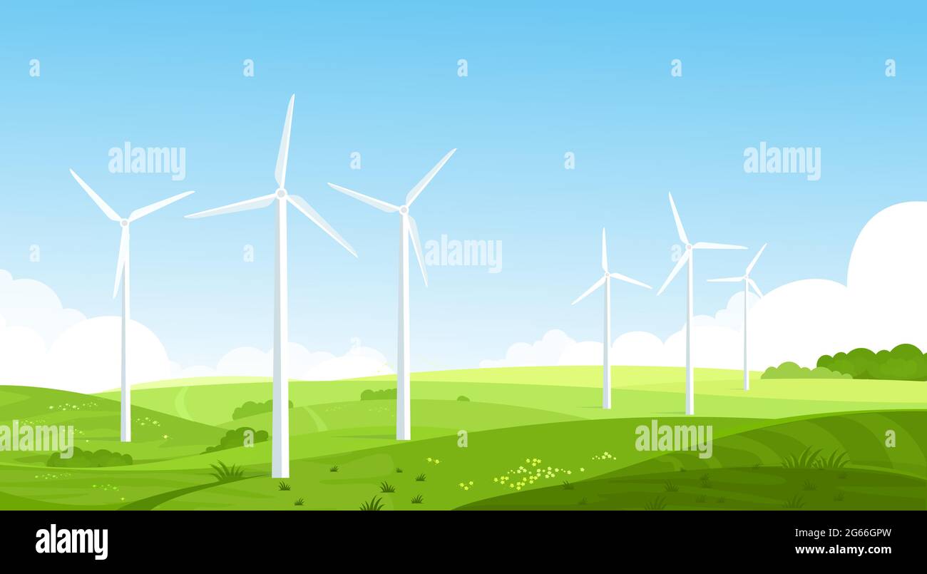 Wind turbines on meadow flat vector illustration. Wind energy converter. Renewable resource. Energy industry and power sector. Summer landscape, rural Stock Vector