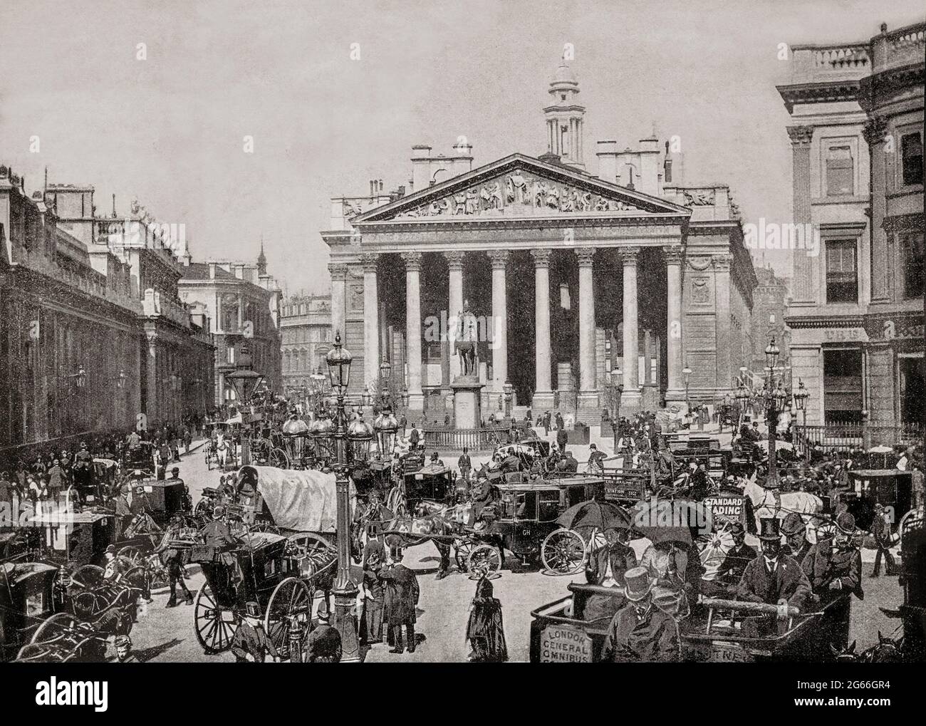 A late 19th century view of early traffic congestion outside the Royal Exchange in London, England, founded in the 16th century by the merchant Sir Thomas Gresham on the suggestion of his factor Richard Clough to act as a centre of commerce for the City of London. It has twice been destroyed by fire and subsequently rebuilt, the present building being designed by Sir William Tite in the 1840s. The site was notably occupied by the Lloyd's insurance market for nearly 150 years. Stock Photo