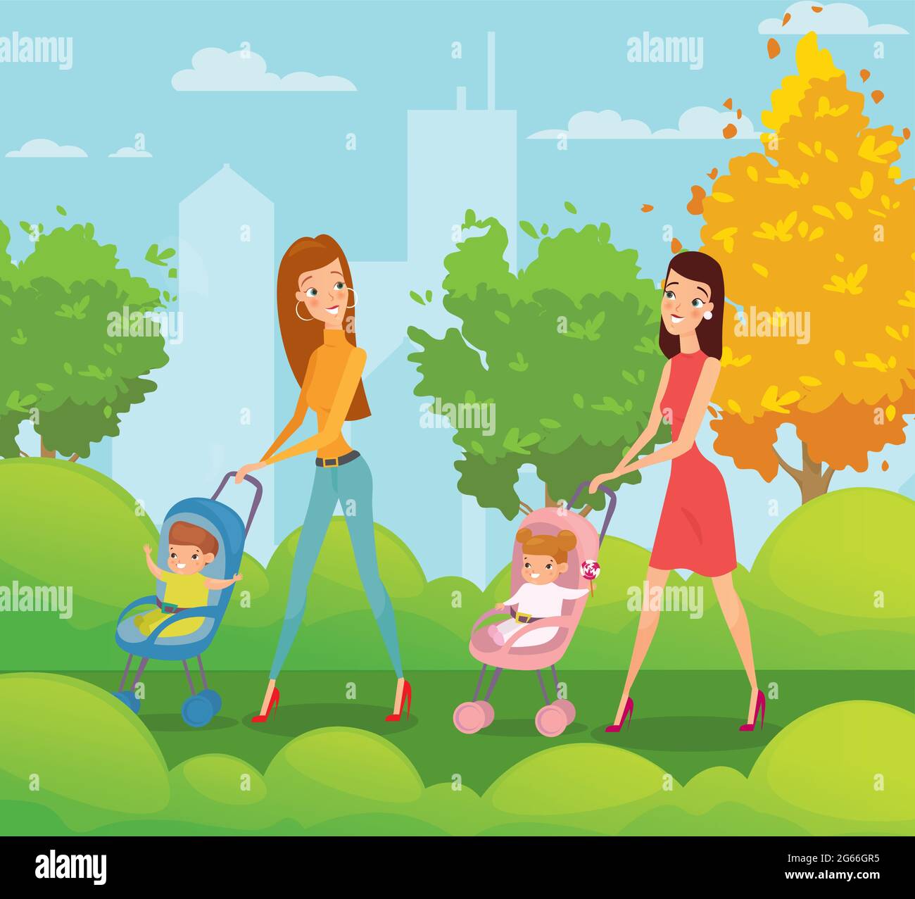 Vector illustration of two mothers with kids walking and talking in the park. Happy friends young women walks around the city park with babies Stock Vector