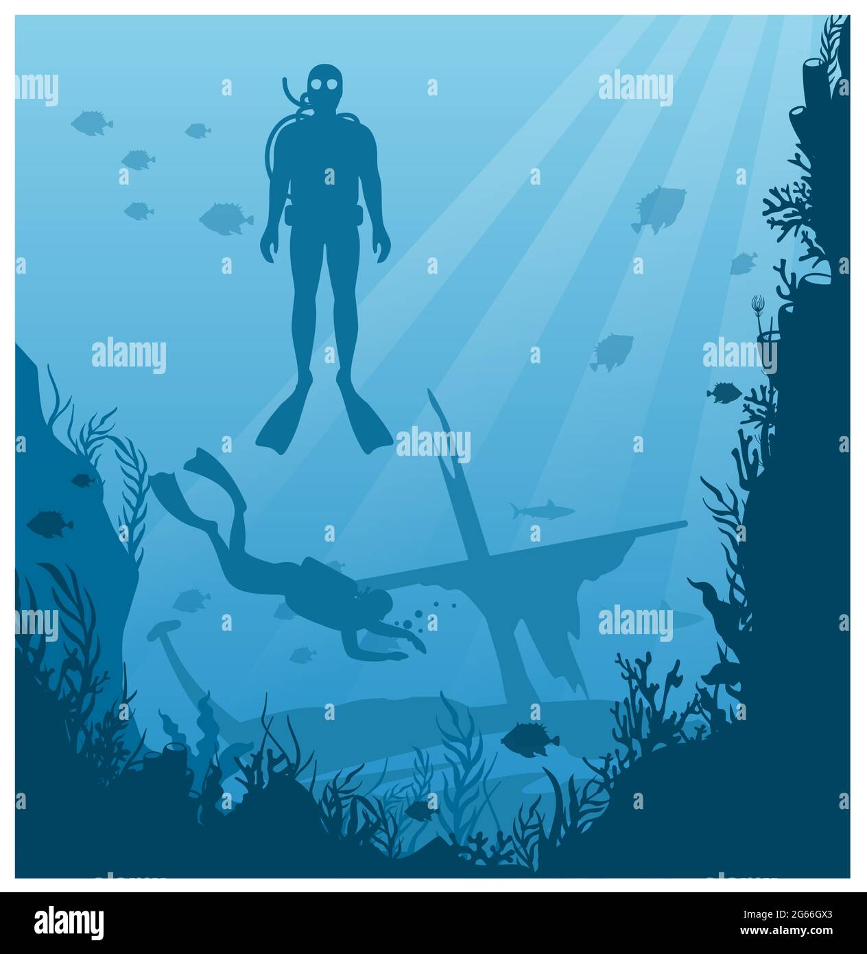 Scuba diving, snorkeling flat vector illustration. Diving concept. Diver in swimsuit with flippers silhouette. Underwater activity, marine adventure Stock Vector