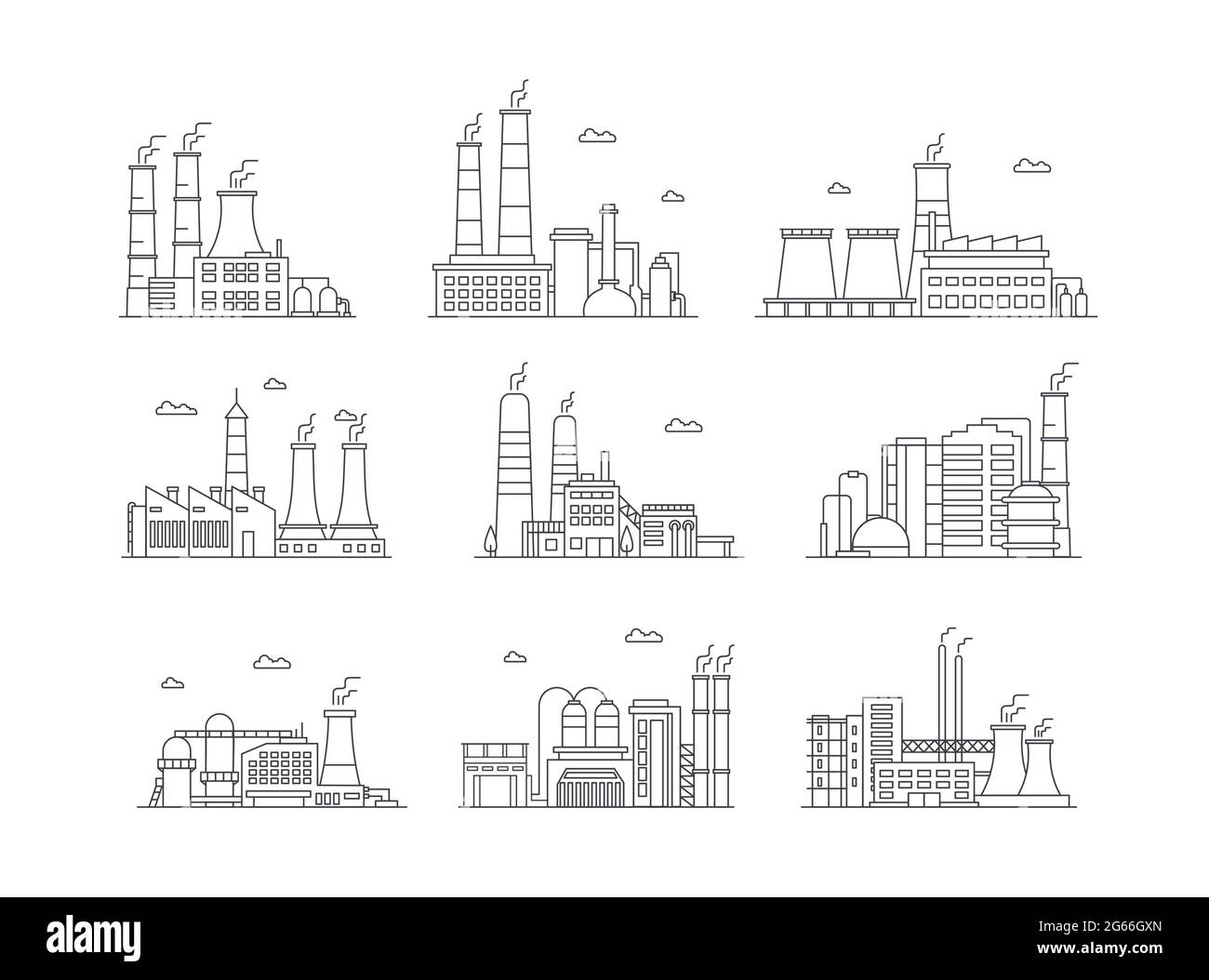 Industrial complex color icons set. Manufacturing plants isolated vector illustrations. Factory buildings and mass production. Air pollution, pipes Stock Vector