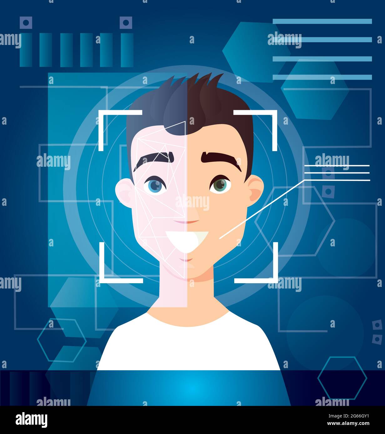 Concept of biometric scanning man s face, digital recognition, id scanning, futuristic digital background. Scan face, verification on screen. Vector Stock Vector