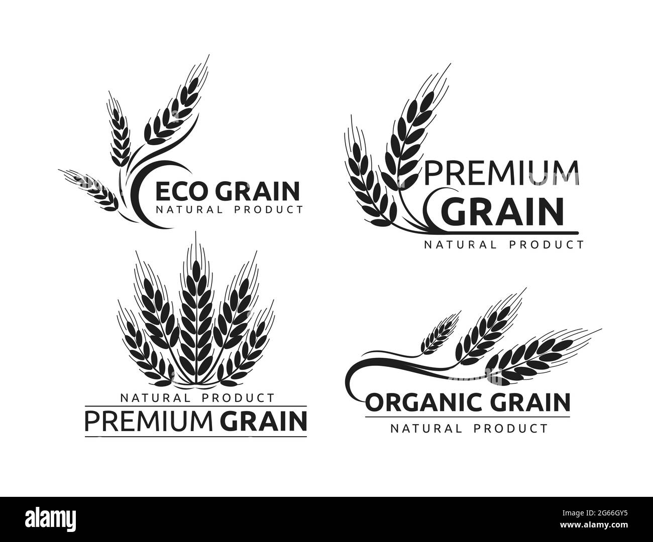 Premium grain flat vector logotype in black silhouette designs set. Organic cereal crops, natural product advertising. Ripe wheat ears cartoon Stock Vector