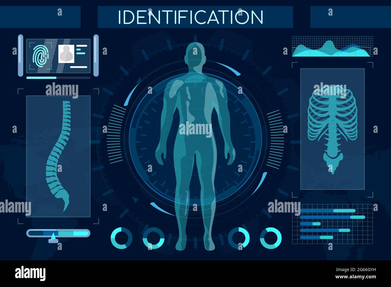 Futuristic identification process flat illustration. Smart recognition system, full body scan. Human digital model, spine and thorax with personal Stock Vector