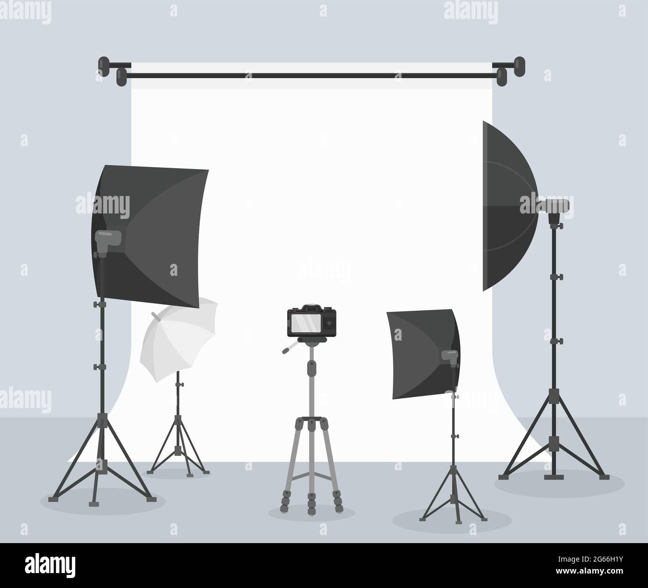 Photography equipment flat vector illustration, white background for taking picture. Different camera lenses. Professional photo studio accessories Stock Vector