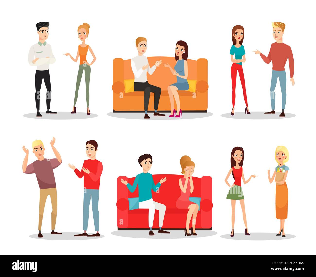Vector illustration set of people fighting and quarrelling, scandal. Men and women screaming and fighting, crazy people in different positions. Flat Stock Vector
