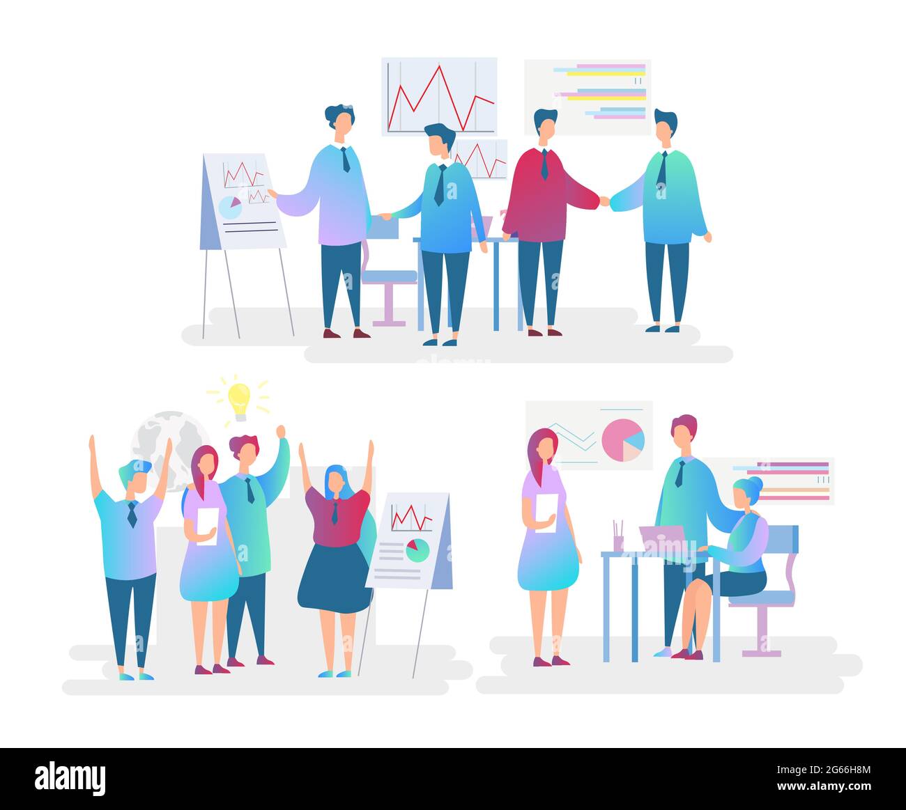 Office workers flat characters set. Employees teamwork and cooperation. Perspective discussion, strategy building, success achievement concept Stock Vector