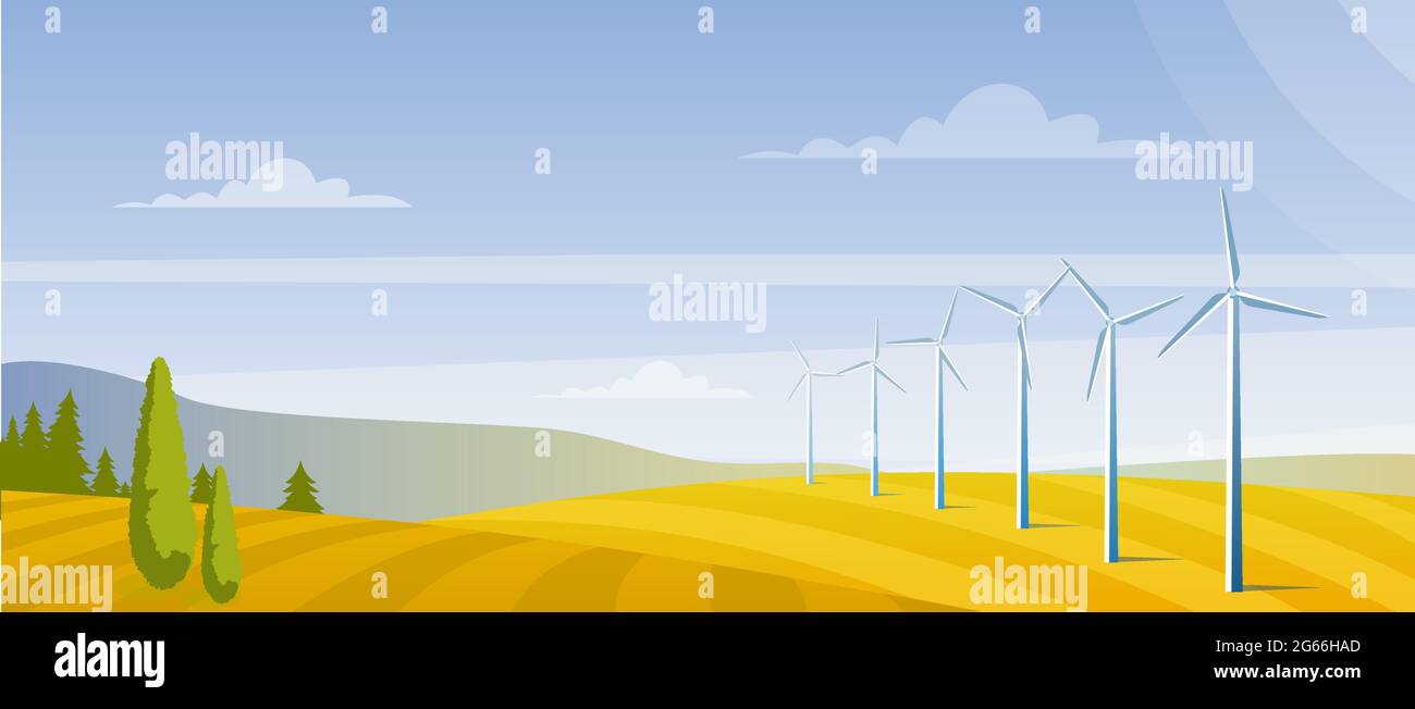 Wind turbines on on the autumn field, flat vector banner illustration. Wind energy converter, baner . Renewable resource. Energy industry and power Stock Vector