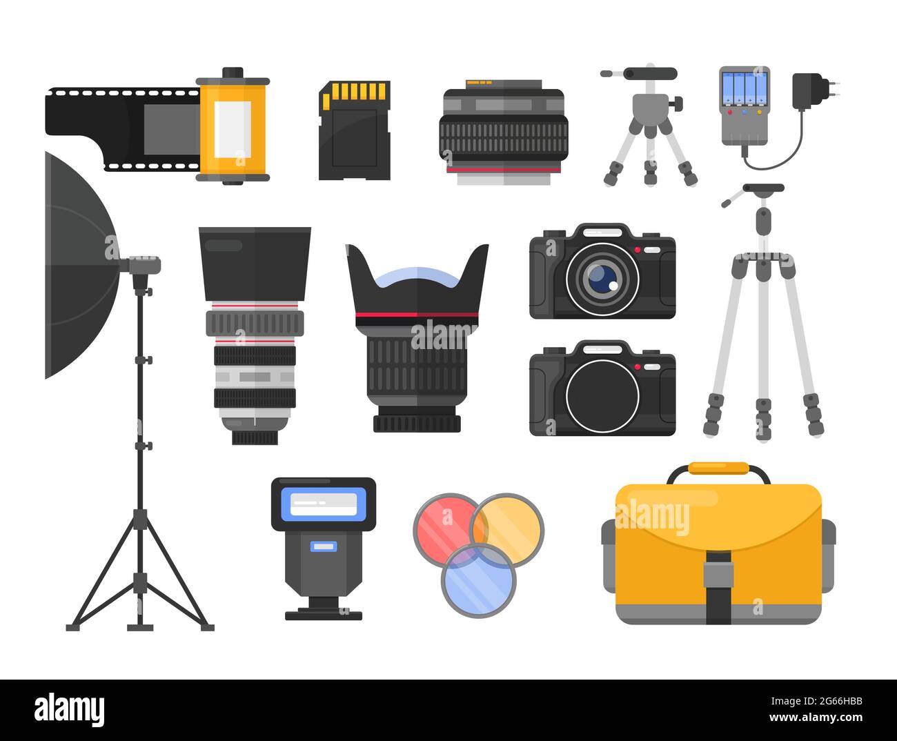 Photography equipment flat vector illustrations set. Different camera lenses. Professional photo studio accessories. Softbox and tripods. Photographer Stock Vector