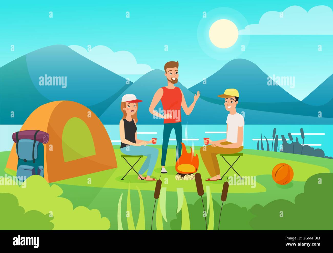 Resting family members flat illustration. Active leisure, healthy lifestyle, summer holiday concept. Cartoon tourists vector characters. People on Stock Vector