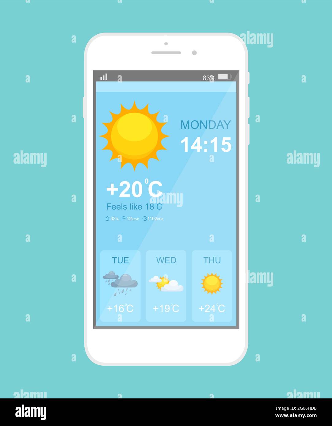 Weather forecast smartphone application vector template. Mobile app page blue interface. Weather condition sunny, rainy, cloudy thunderstorm day phone Stock Vector