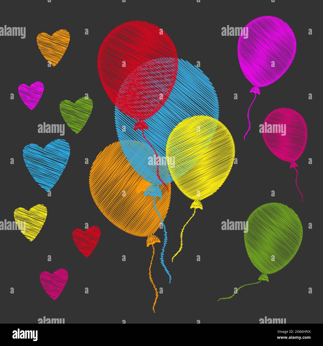 Colorful balloons and heart shapes on dark background. Vector ...