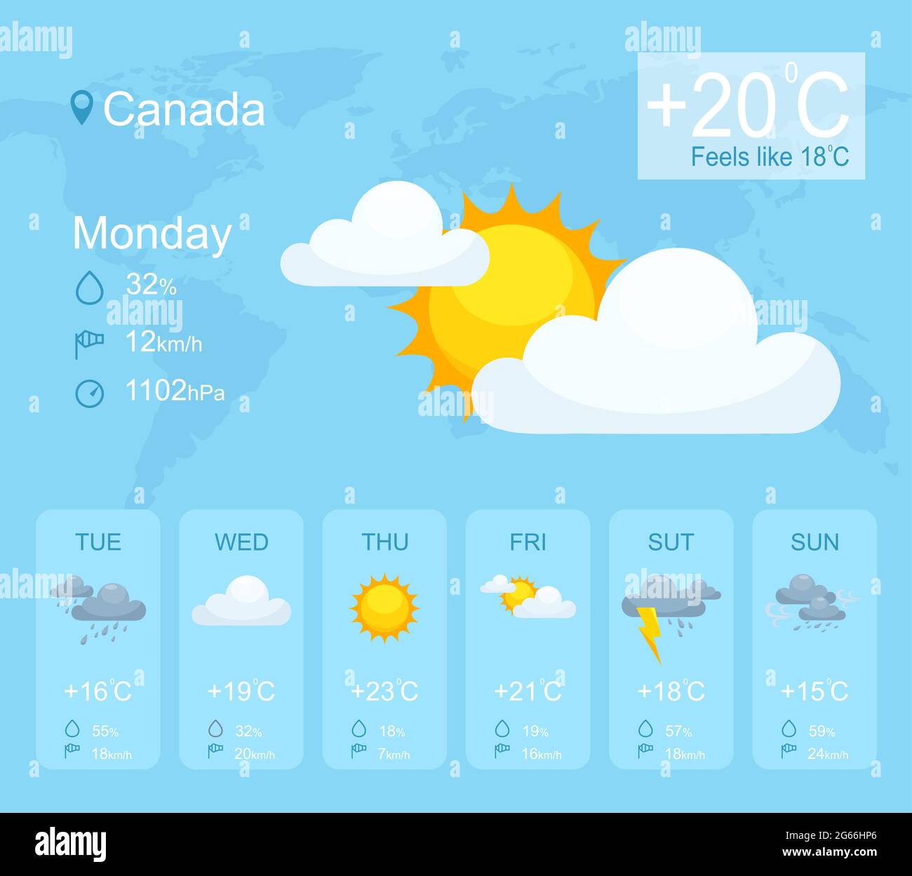 Weather forecast smartphone application vector template. Mobile app page blue interface. Weather condition sunny, rainy, cloudy thunderstorm day phone Stock Vector