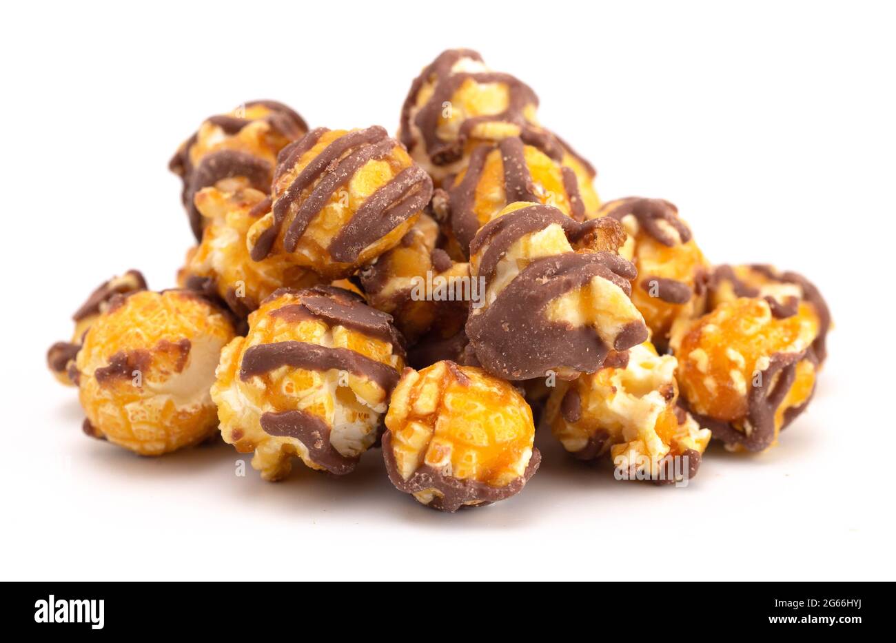 Chocolate Stripped Caramel Popcorn on a White Background Stock Photo