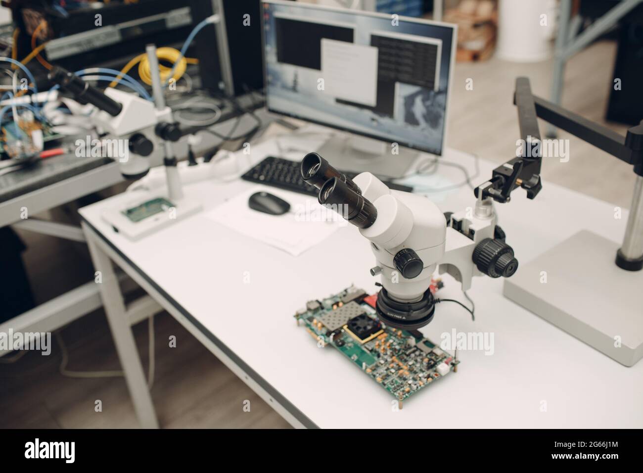 Microscope in Scientific research tech Laboratory on table Stock Photo ...