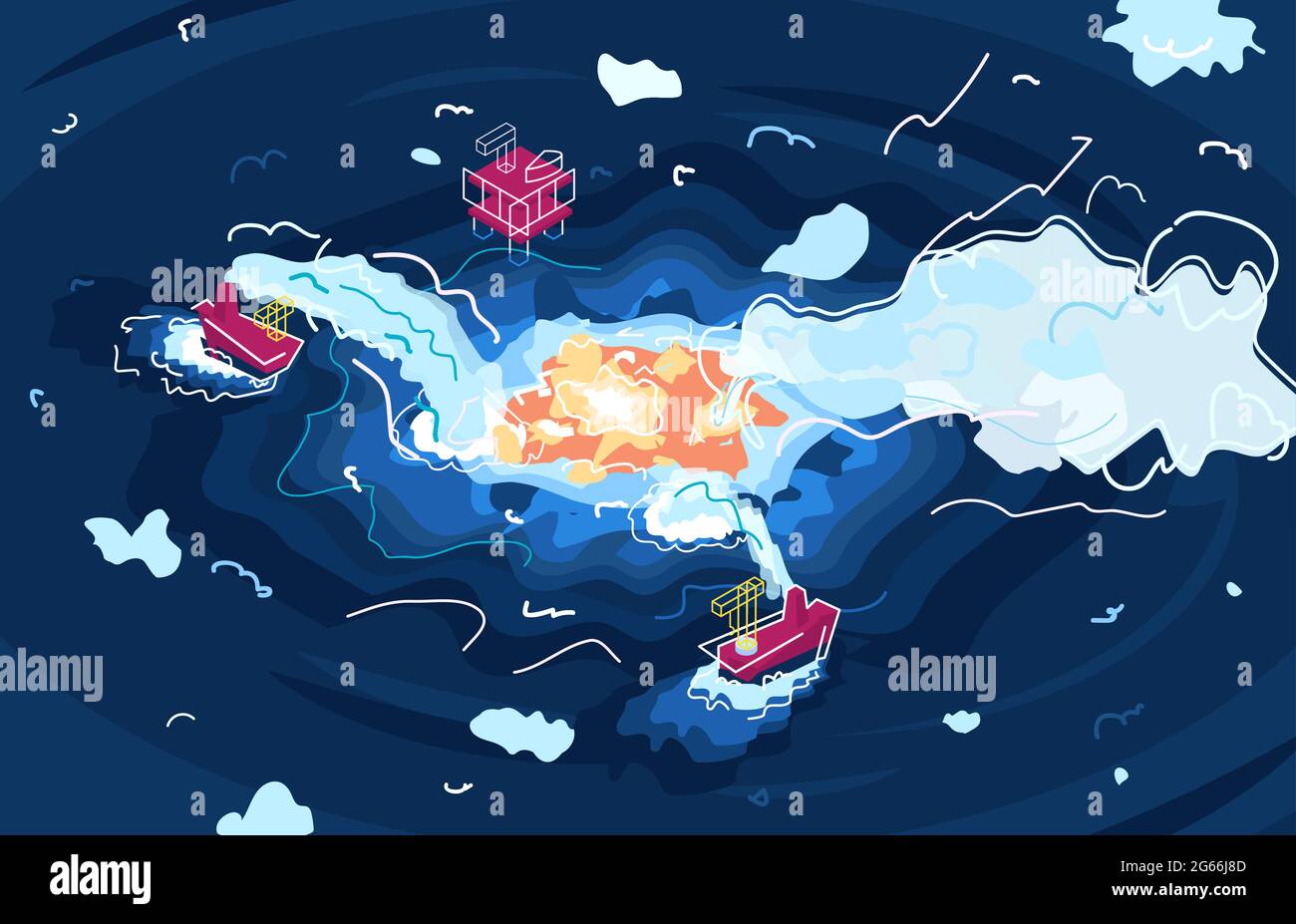 The Gulf of Mexico Was on Fire vector isometric illustration. Eye of fire. Stock Vector