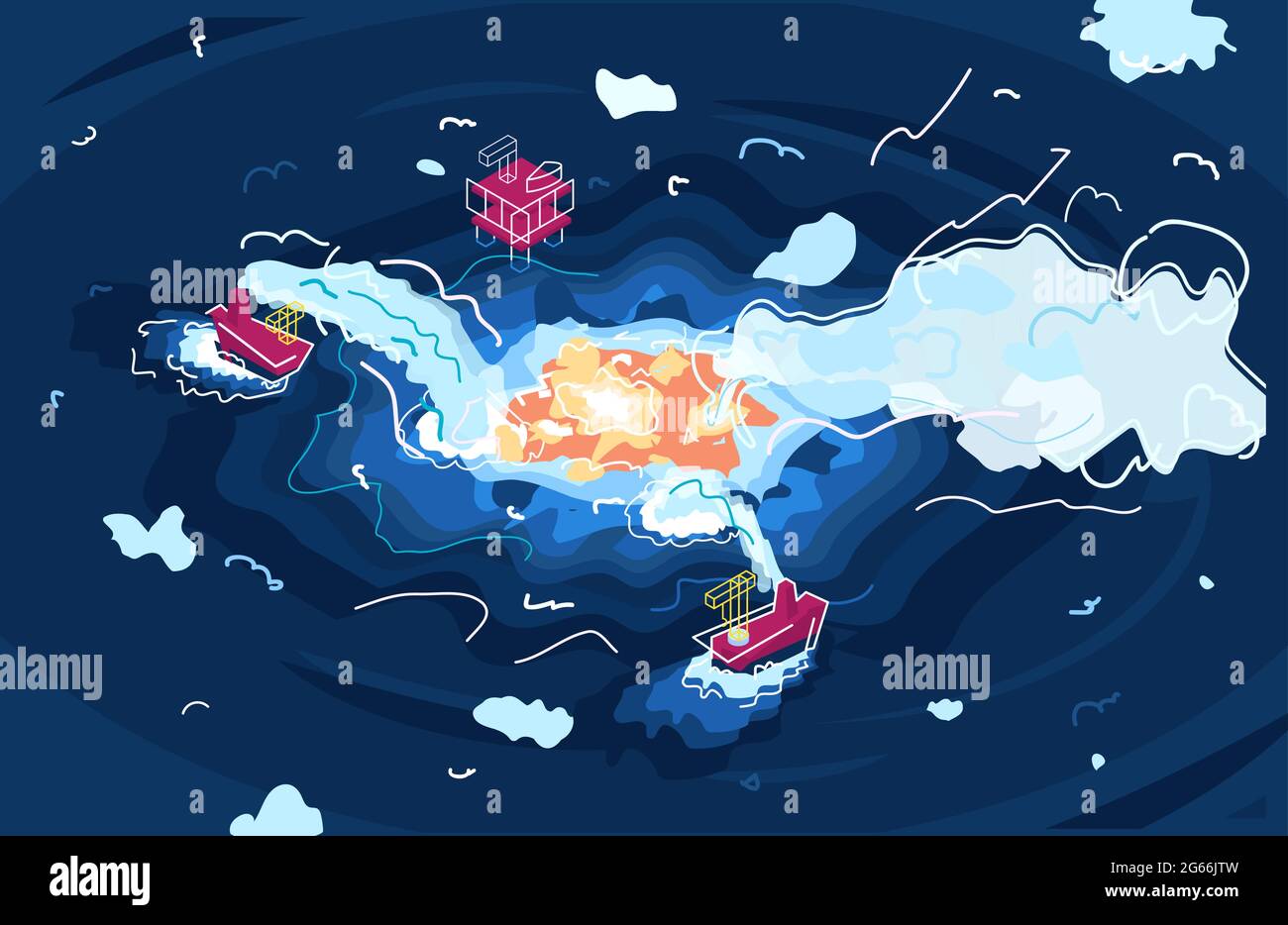 The Gulf of Mexico Was on Fire vector illustration. Eye of fire in the ocean west of Mexico's Yucatan. Bright orange flames jumping out of water. News Stock Vector