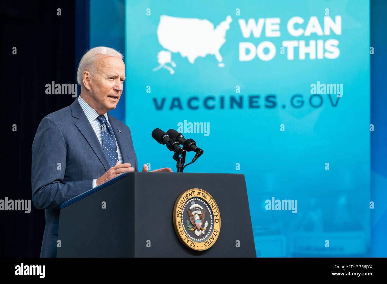 WASHINGTON DC, USA - 02 June 2021 - US President Joe Biden, joined by Vice President Kamala Harris, delivers remarks on the COVID-19 National Month of Stock Photo