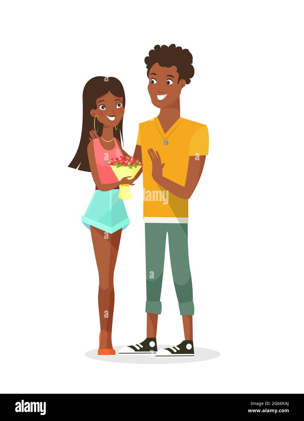 Vector illustration of young African American couple. Young beautiful black woman and black handsome guy on a date, dating couple, in love, people in Stock Vector