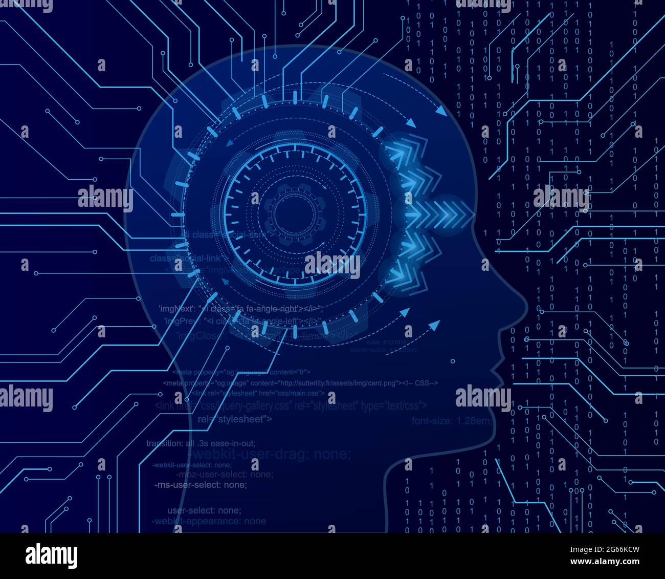 Cyber mind on the binary code background. Big data artificial intelligence. Machine learning in the side head form. Virtual concept vector Stock Vector
