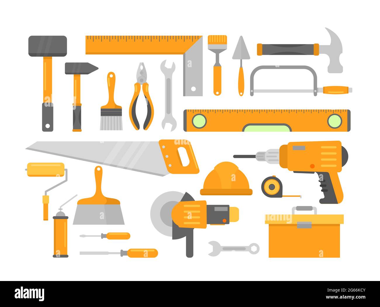 Set of bright orange building repair home construction tools isolated on white background. Brick hammer, level meter, drill screwdriver, construction Stock Vector