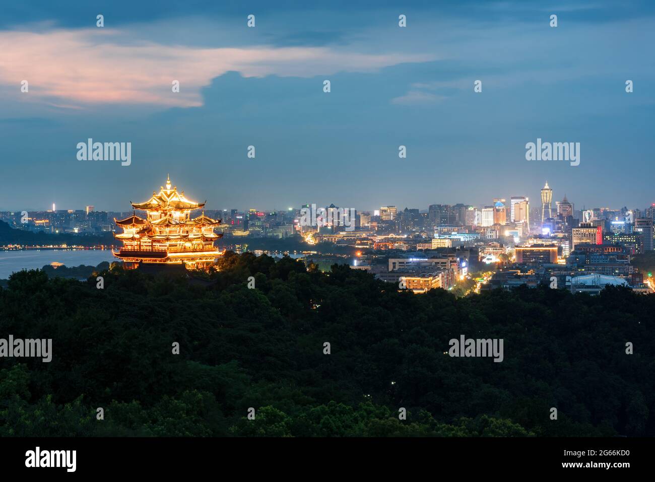 The Chenghuang Pagoda  at night in Hangzhou,China.Chenghuang Pagoda is the famous tourist attraction in West Lake.Chengh Stock Photo