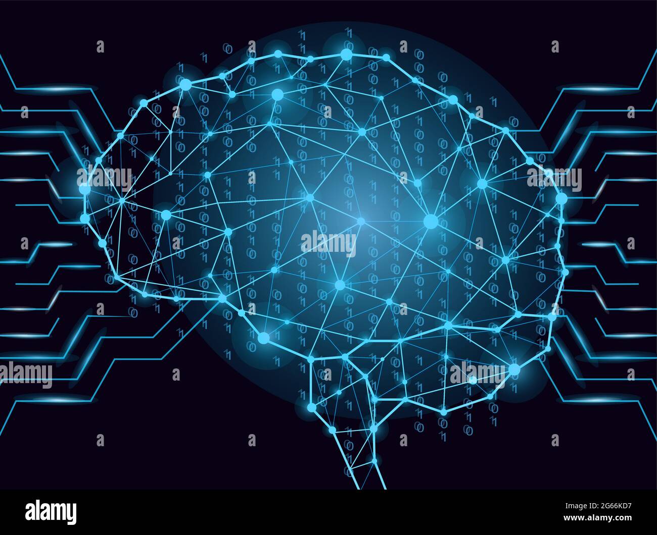 Binary code in digital brain form composed of lines, triangles, binary digits and dots. High tech style artifical intelligence concept vector Stock Vector