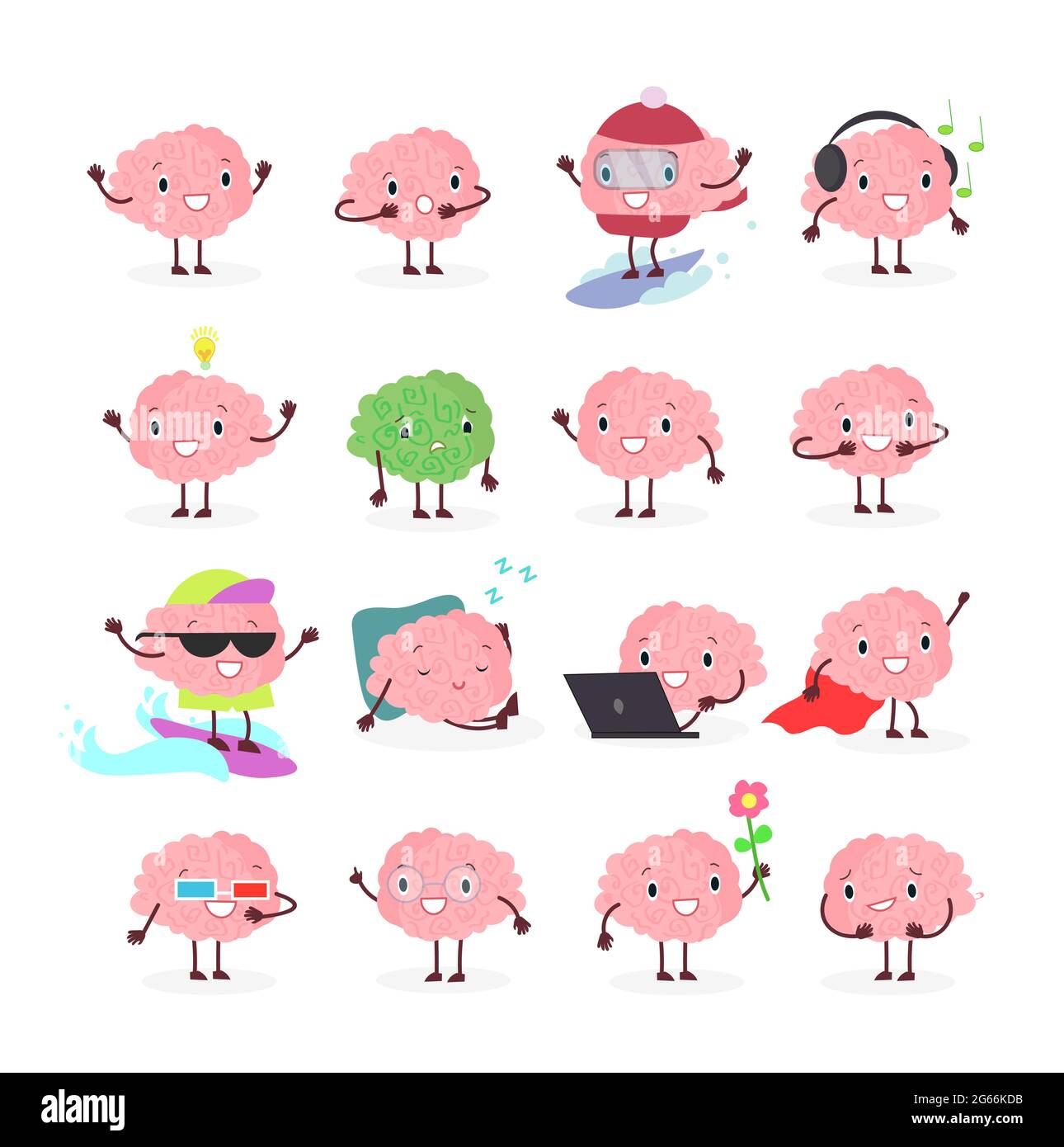 Vector illustration set of brain emoji, emotion brainy character in different positions and emotions, brainstorming set isolated on white background Stock Vector