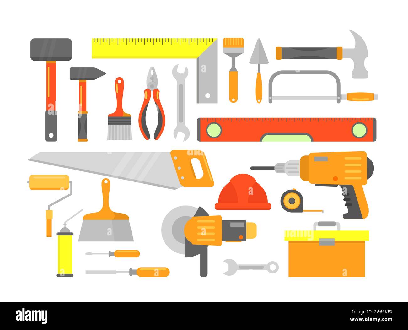 Vector illustration set of building tools and elements for building in bright colors isolated on white background in flat cartoon style. Stock Vector