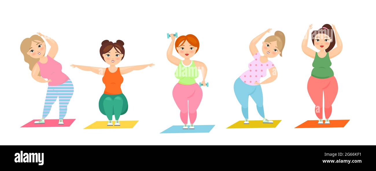 Vector illustration set of cute overweight ladies doing sports, plus size women doing fitness exercise. Fat curvy women, sport and healthy lifestyle Stock Vector