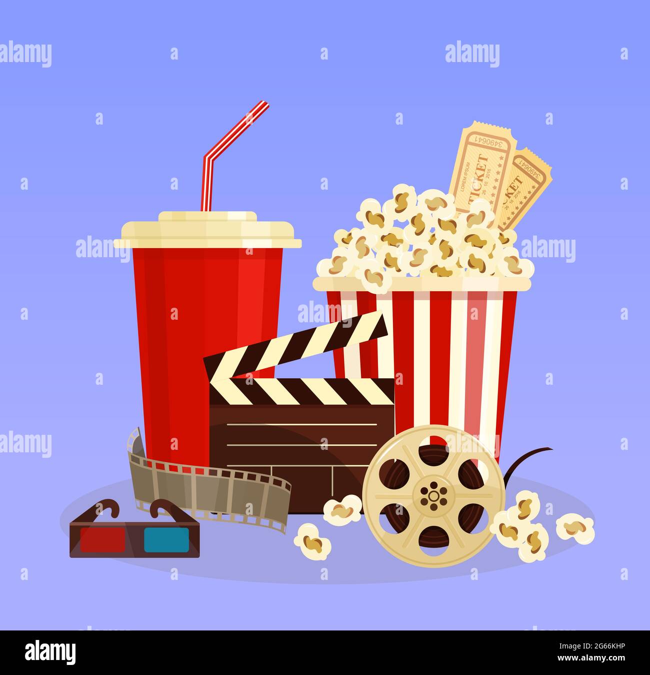 Vector illustration concept of cinema. popcorn, 3d glasses and film-strip cinematography in flat cartoon style. Stock Vector