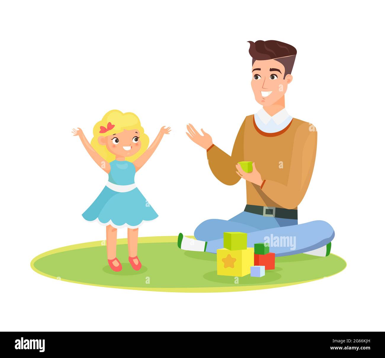 Vector illustration of father and young daughter playing on the carpet with toys, daddy and kid, happy daddy s day concept. Happy child and father Stock Vector