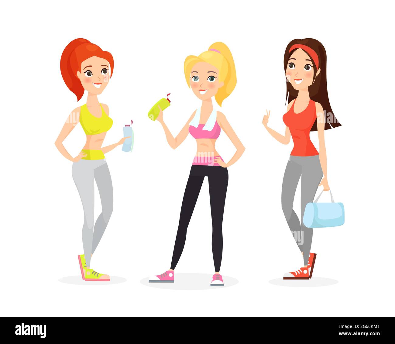 Vector illustration of young women in sport clothes, fitness girls, young girls friends doing sport. Women in fitness sportswear, cartoon flat style Stock Vector