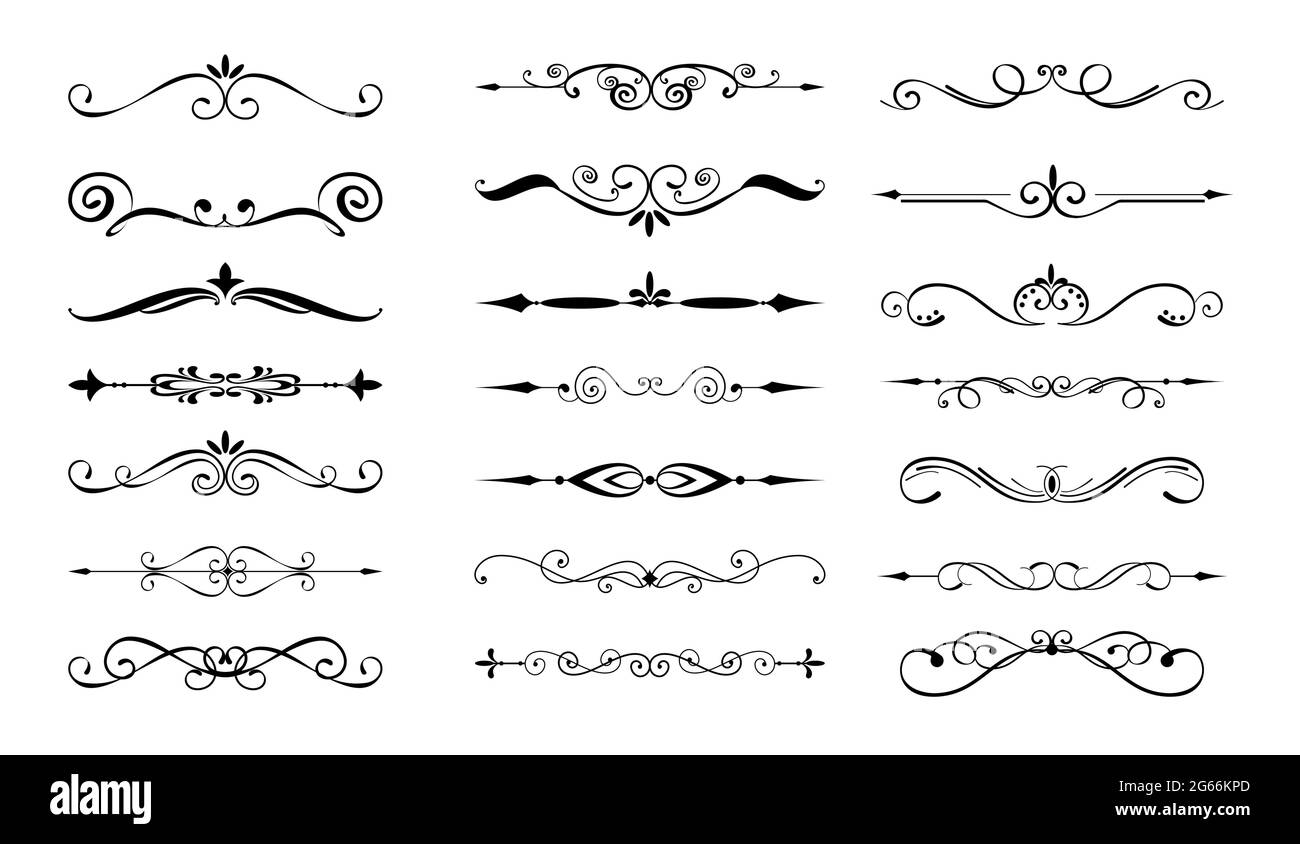 Vector illustration set of dividers, flourishes, vines, ornate lines, ornament elements in vintage style. Retro elements for greeting cards, letters Stock Vector